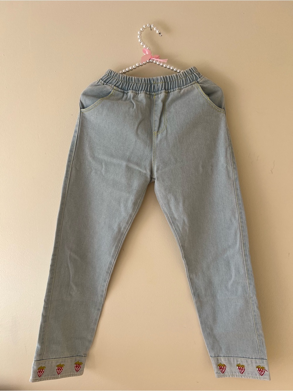 Light Blue Stretch Denim Pants with Strawberry Detail